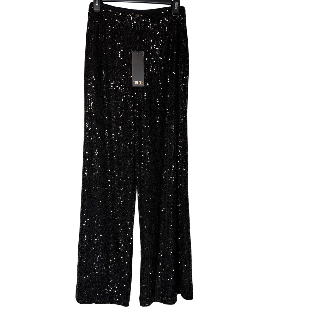 TRUTH‎ BY REPUBLIC Womens Black Sequin Wide Leg Pants Sz 4 Going Out Festive NWT
